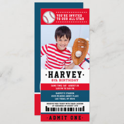 Red Blue Baseball Ticket Birthday Party Photo Invitation | Zazzle