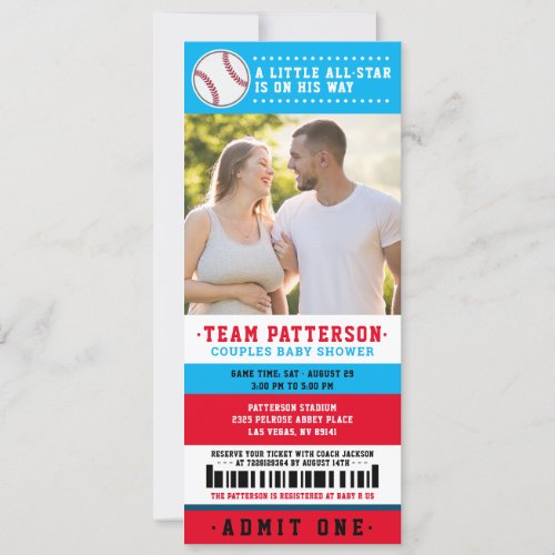 Red Blue Baseball Ticket Couples Baby Shower Photo Invitation