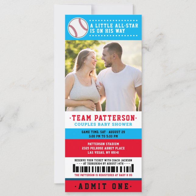 Red Blue Baseball Ticket Couples Baby Shower Photo Invitation (Front)