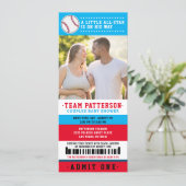 Red Blue Baseball Ticket Couples Baby Shower Photo Invitation (Standing Front)