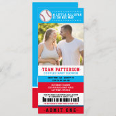 Red Blue Baseball Ticket Couples Baby Shower Photo Invitation (Front/Back)