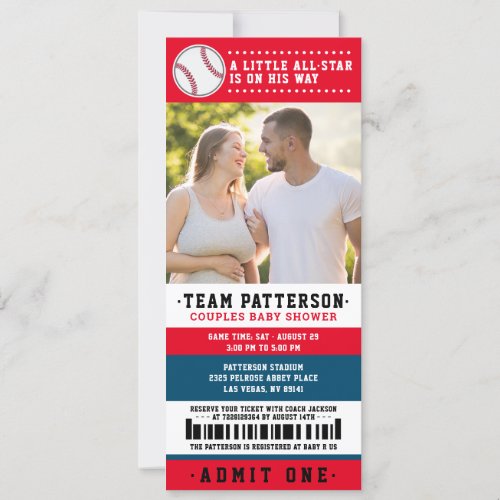 Red Blue Baseball Ticket Couples Baby Shower Photo Invitation