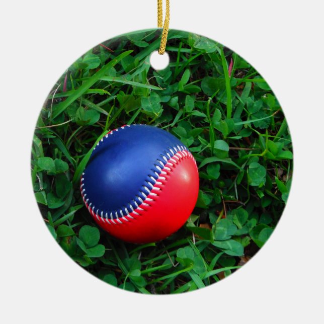 Red & Blue Baseball with White Stitching Ceramic Ornament (Front)