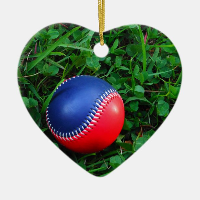Red & Blue Baseball with White Stitching Ceramic Ornament (Front)