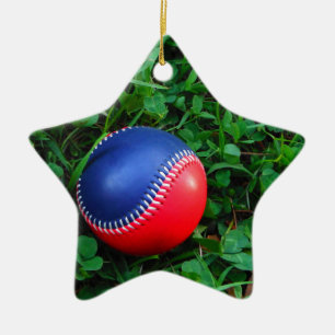 Red & Blue Baseball with White Stitching Ceramic Ornament