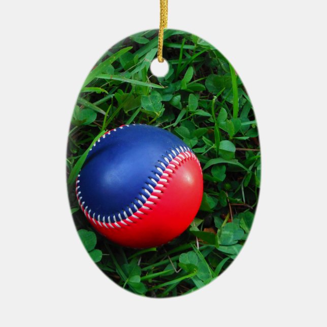 Red & Blue Baseball with White Stitching Ceramic Ornament (Front)