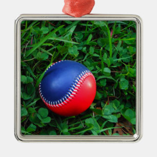 Red & Blue Baseball with White Stitching Metal Ornament