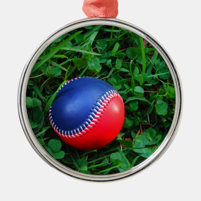 Red & Blue Baseball with White Stitching Metal Ornament (Front)