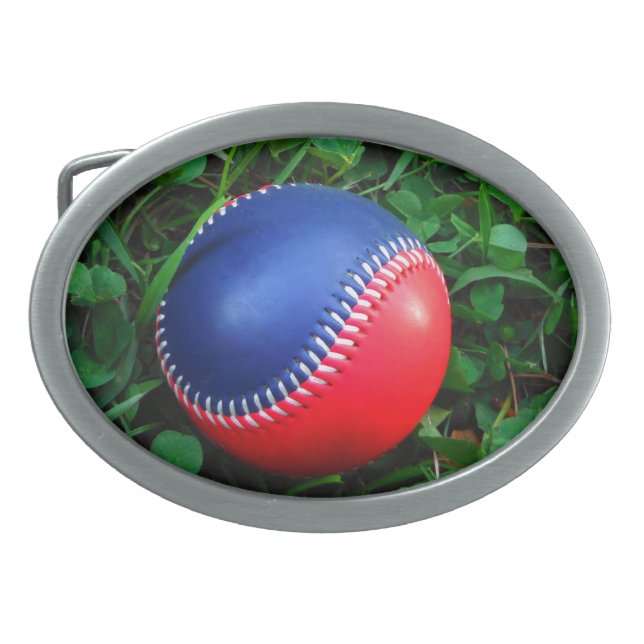 Red & Blue Baseball with White Stitching Oval Belt Buckle (Front)