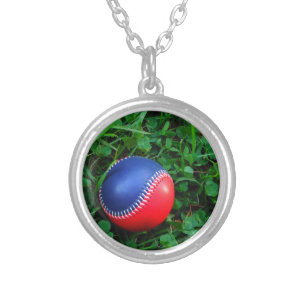 Red & Blue Baseball with White Stitching Silver Plated Necklace
