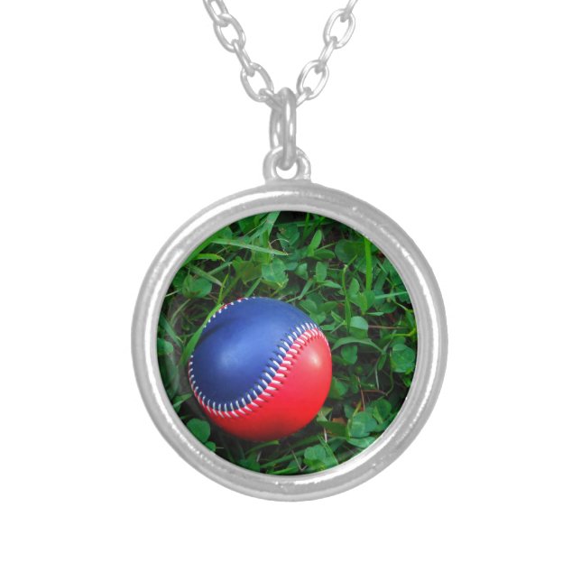 Red & Blue Baseball with White Stitching Silver Plated Necklace (Front)