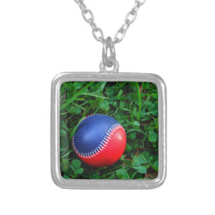 Red & Blue Baseball with White Stitching Silver Plated Necklace
