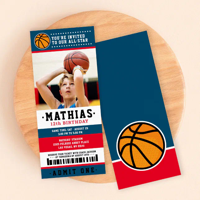 Red Blue Basketball Ticket Birthday Photo Invitation | Zazzle