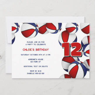 red blue basketballs girls boys birthday party invitation