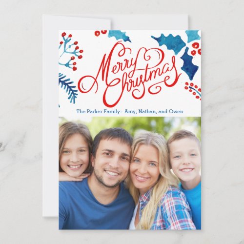 Red  Blue  Berries Merry Christmas script  PHOTO Holiday Card