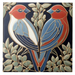 Red Blue Bird Couple - Art Nouveau Art Deco Birds Ceramic Tile