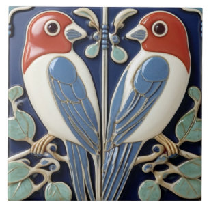 Red Blue Bird Pair - Art Nouveau Art Deco Birds Ceramic Tile
