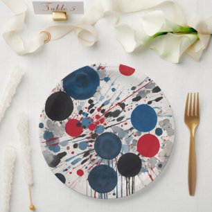 Red Blue Black And Gray Circles And Paint Drips Paper Plates