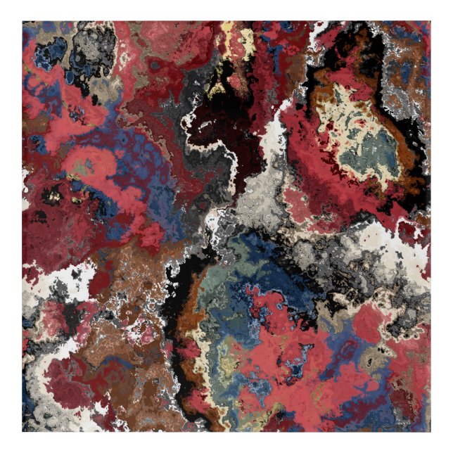 Red, blue, black and white marble abstract acrylic print (Front)