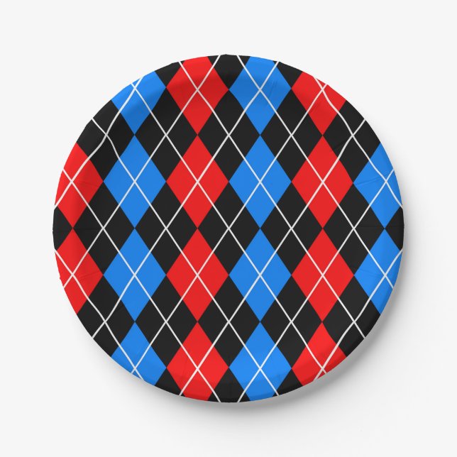 Red Blue Black Argyle Plaid Design  Paper Plates (Front)
