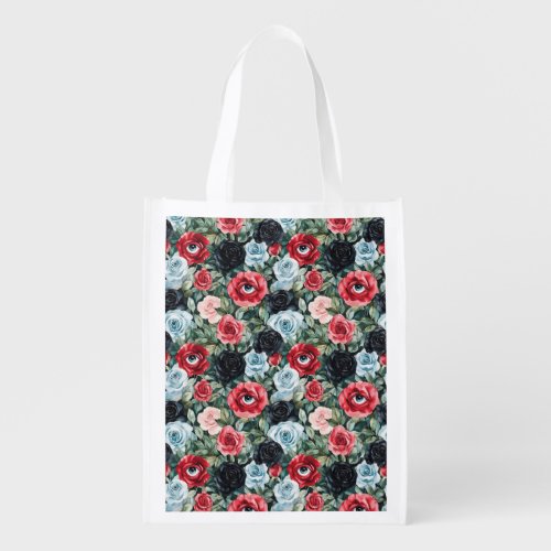 Red Blue Black Eyes in Flowers Halloween Grocery Bag