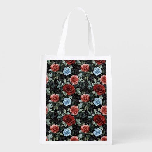 Red Blue Black Flowers Halloween Grocery Bag
