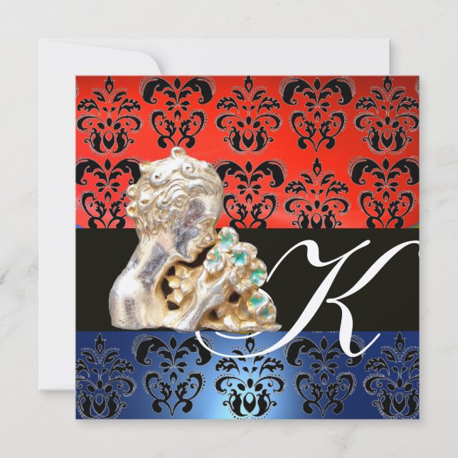 RED BLUE ,BLACK, WHITE DAMASK JEWEL MONOGRAM INVITATION (Front)