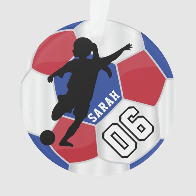 Red, Blue, Black & White Girl Soccer - Custom Ornament (Front)