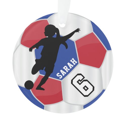 Red, Blue, Black &amp; White Girl ⚽Soccer Player - DIY Ornament