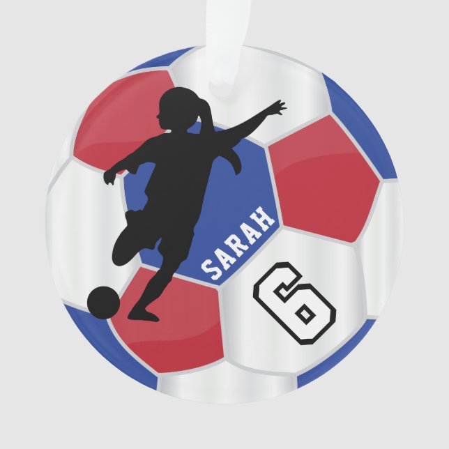 Red, Blue, Black & White Girl ⚽Soccer Player - DIY Ornament (Front)