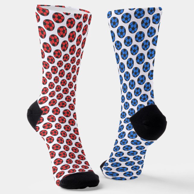 Red Blue Black White Soccer Ball Pattern Socks (Angled)