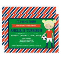 Red Blue Blonde Girl Soccer Birthday Invitation