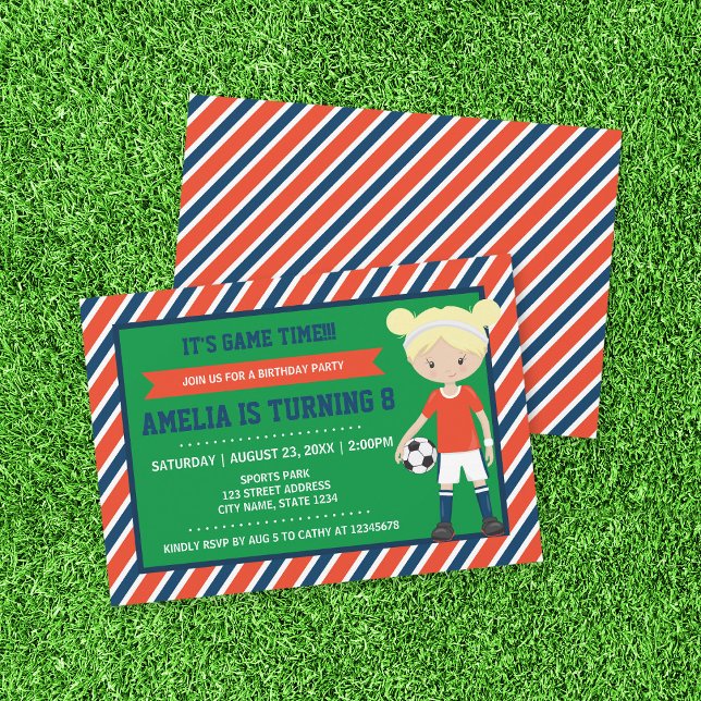 Red Blue Blonde Girl Soccer Birthday Invitation (Creator Uploaded)