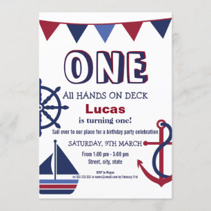 Red & Blue Boys First Birthday Nautical Invitation