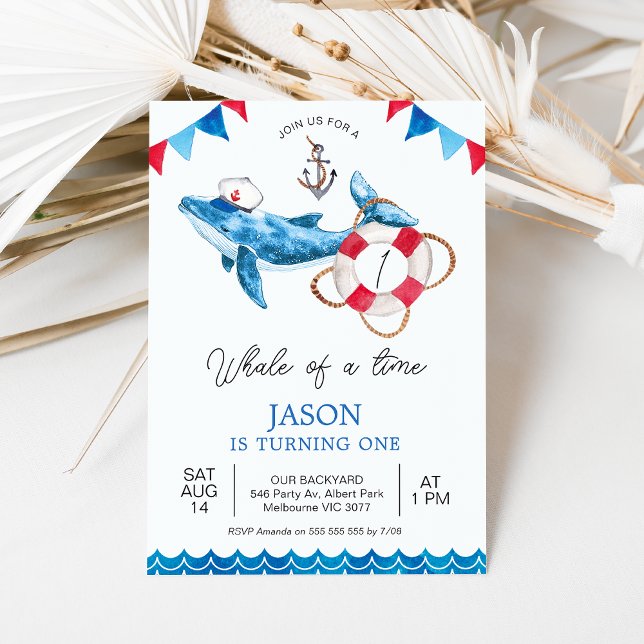 Red Blue Boys Whale of a Time 1st Birthday  Invitation (Whale Themed 1st Birthday Invitation, Whale of a Time Birthday Invitation Baby Boy, Nautical Invite)