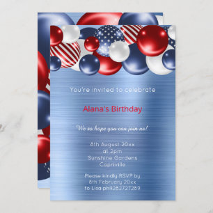 RED BLUE BRUSHED METALLIC PATRIOTIC BALLOON INVITATION