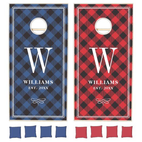 Red Blue Buffalo Plaid Family Name Monogram Cornhole Set