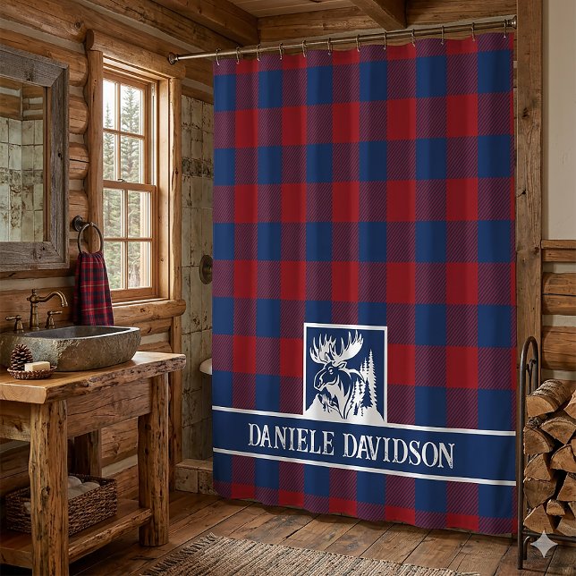 Red Blue Buffalo Plaid Rustic Moose Monogram Shower Curtain (Red Blue Buffalo Plaid, Moose logo, White Monogram  Typography)