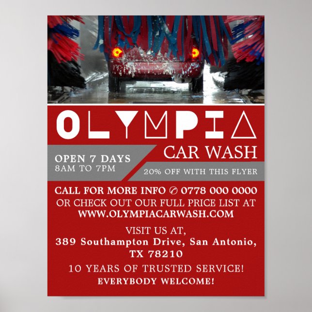 Red & Blue Car Wash, Cleaning Service Advertising Poster (Front)
