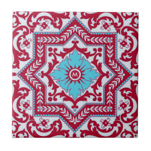 Red Blue Ceramic Style Azulejo Vintage Monogram Ceramic Tile