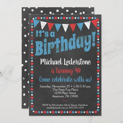 Red Blue Chalkboard Birthday Invitation