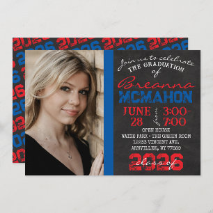 Red & Blue Chalkboard Graduation Photo Invitation