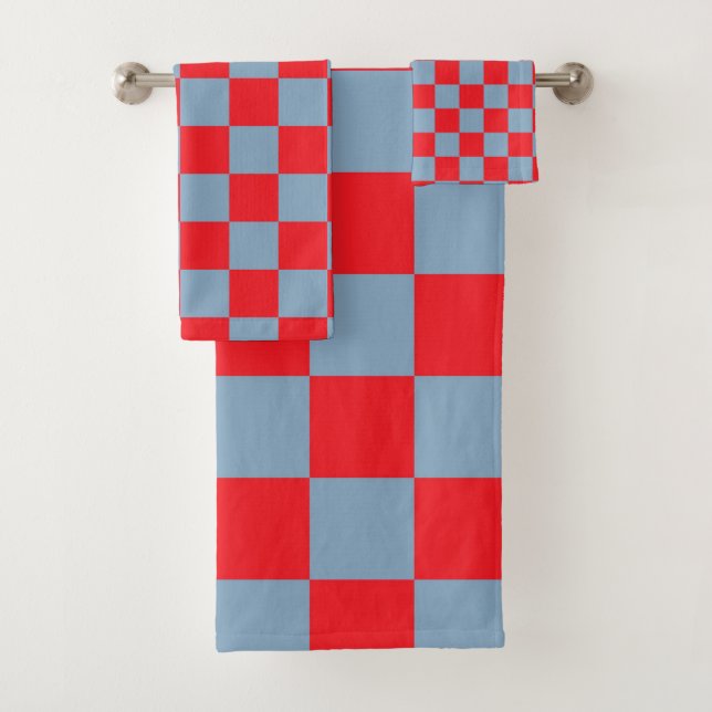 Red Blue Checkered Gingham Pattern Bath Towel Set (Insitu)