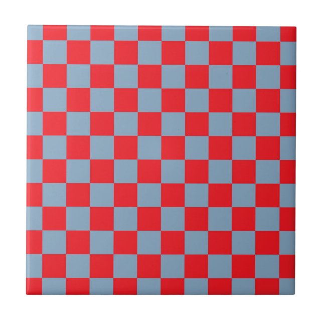 Red Blue Checkered Gingham Pattern Ceramic Tile (Front)