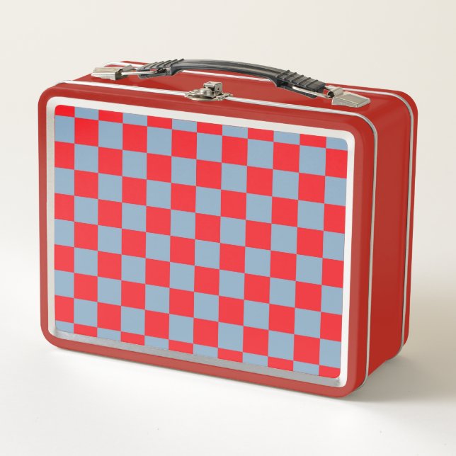 Red Blue Checkered Gingham Pattern Metal Lunch Box (Front)