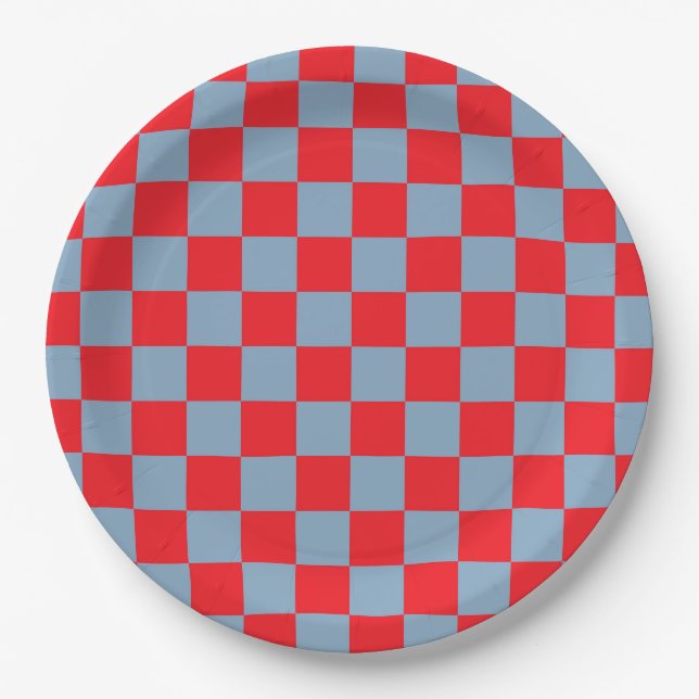 Red Blue Checkered Gingham Pattern Paper Plates (Front)