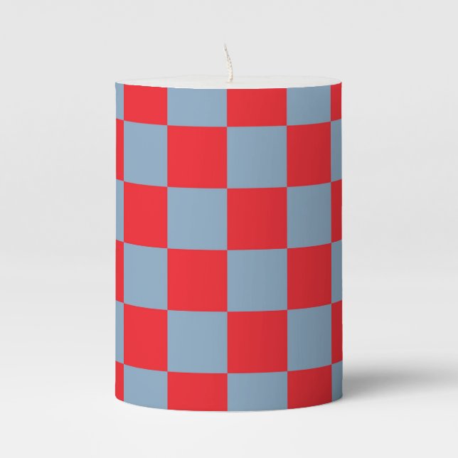 Red Blue Checkered Gingham Pattern Pillar Candle (Front)