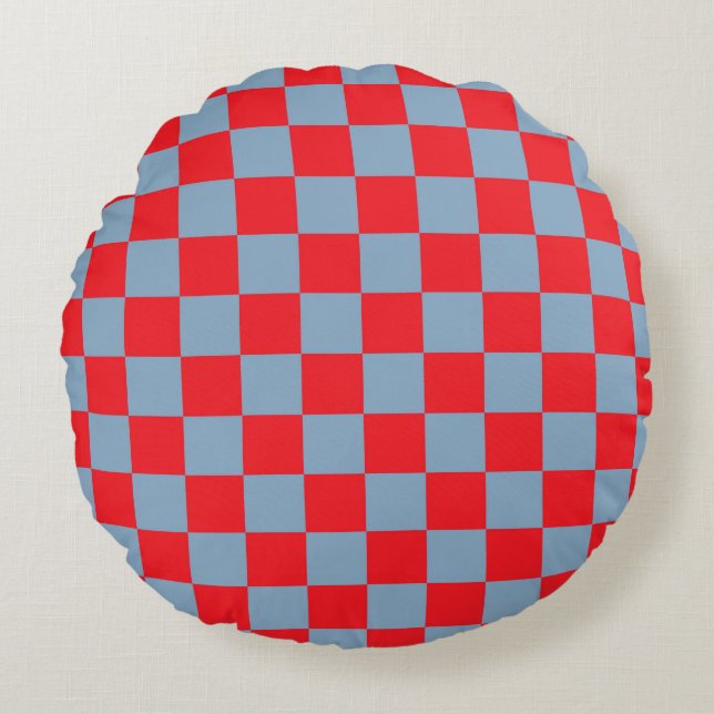 Red Blue Checkered Gingham Pattern Round Pillow (Front)