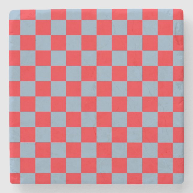 Red Blue Checkered Gingham Pattern Stone Coaster (Front)