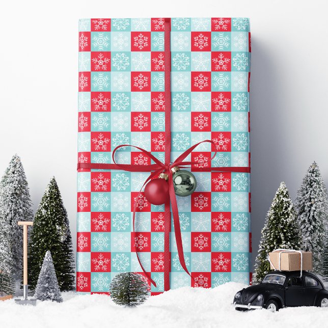 Red Blue Checkered Snowflake Christmas  Wrapping Paper (Creator Uploaded)